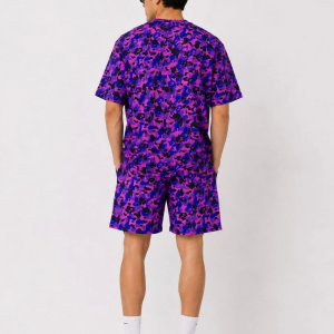 Erkek Oversize Kalıp Pubg Bape X Shark Nakışlı Cepli Şort Takım – Mor