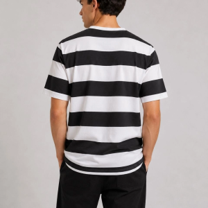 Erkek Çizgili Oversize Tişört Bisiklet Yaka Kısa Kol Yazlık T-Shirt – Siyah