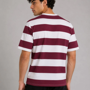 Erkek Çizgili Oversize Tişört Bisiklet Yaka Kısa Kol Yazlık T-Shirt – Bordo