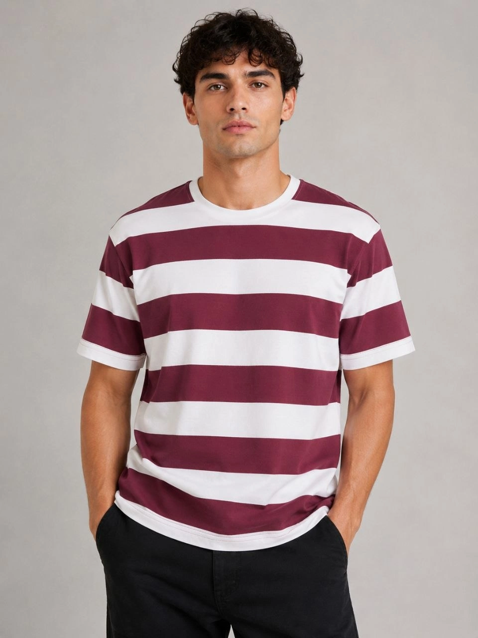 Erkek Çizgili Oversize Tişört Bisiklet Yaka Kısa Kol Yazlık T-Shirt – Bordo