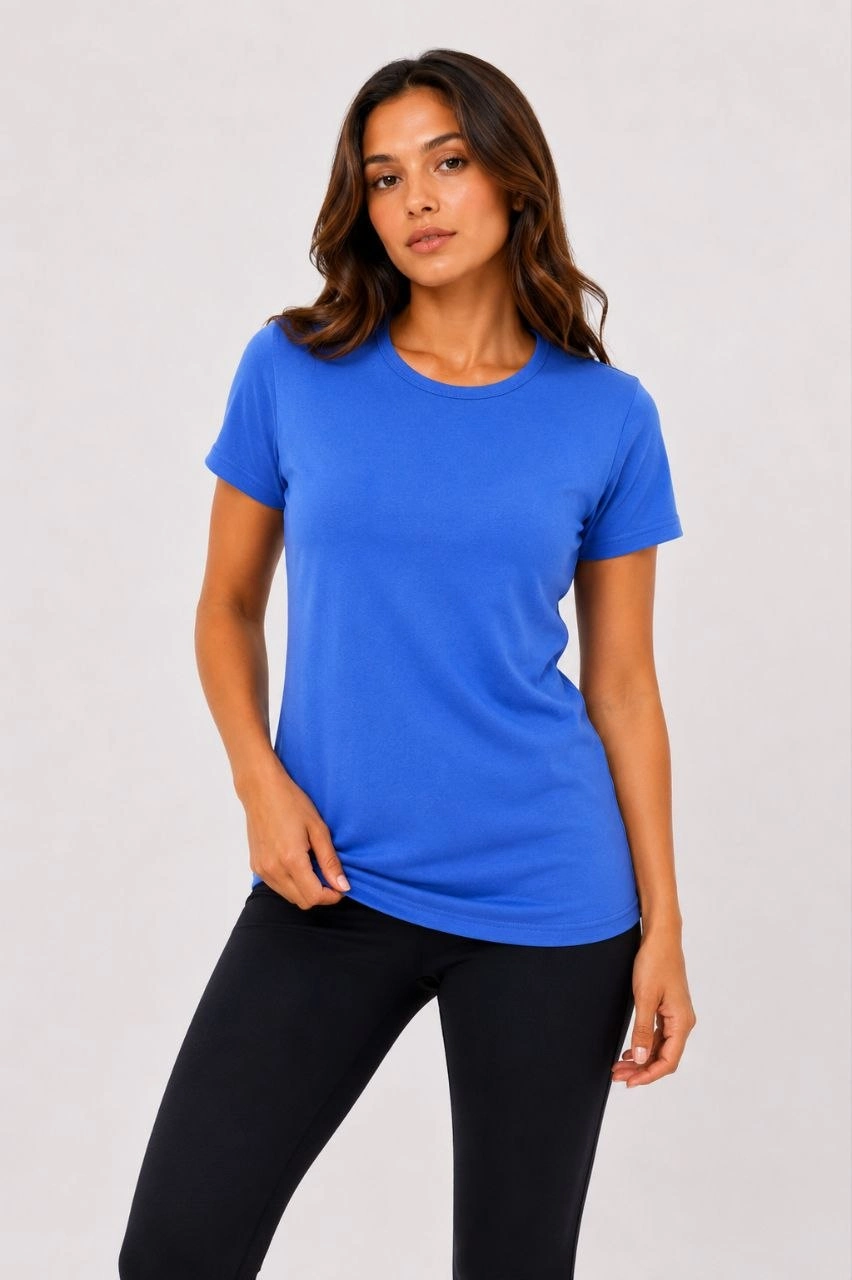 Kadın Basic Tişört Bisiklet Yaka Kısa Kol Günlük Yazlık Slim fit T-Shirt – Mavi