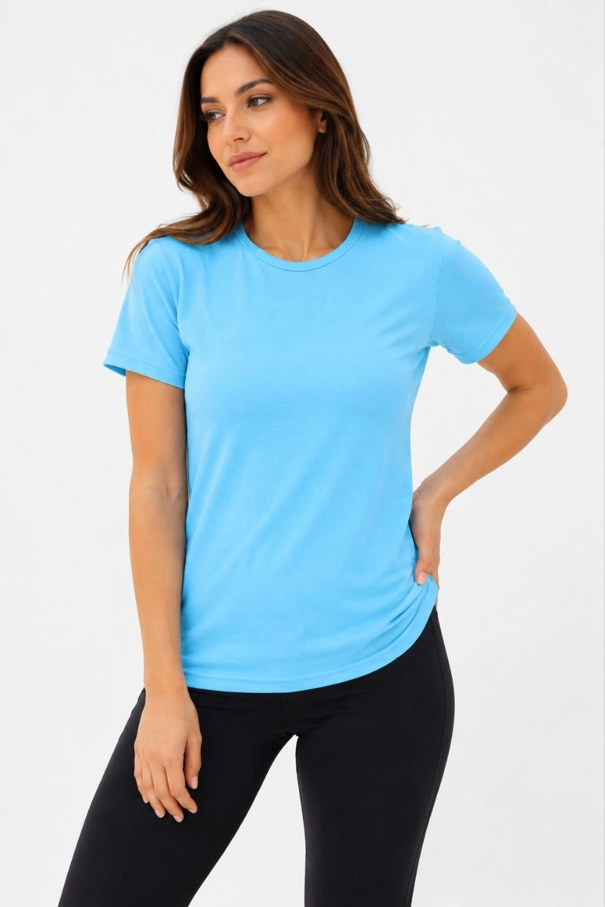 Kadın Basic Tişört Bisiklet Yaka Kısa Kol Günlük Yazlık Slim fit T-Shirt – Turkuaz