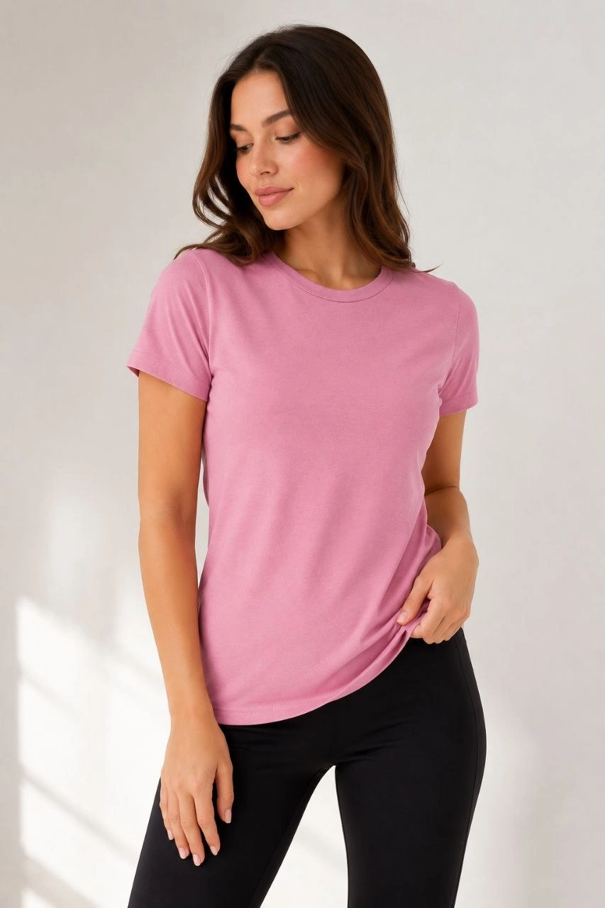 Kadın Basic Tişört Bisiklet Yaka Kısa Kol Günlük Yazlık Slim fit T-Shirt – Pembe