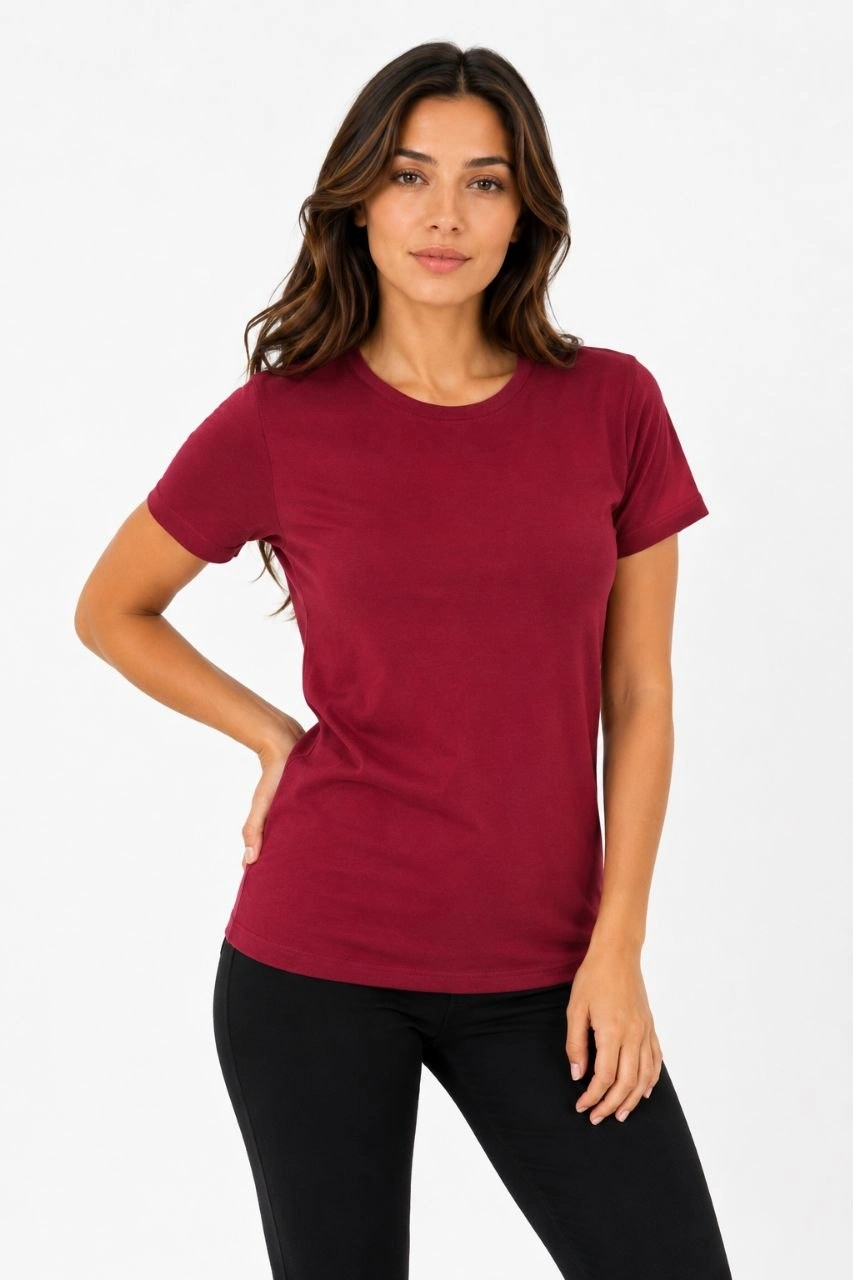 Kadın Basic Tişört Bisiklet Yaka Kısa Kol Günlük Yazlık Slim fit T-Shirt – Bordo