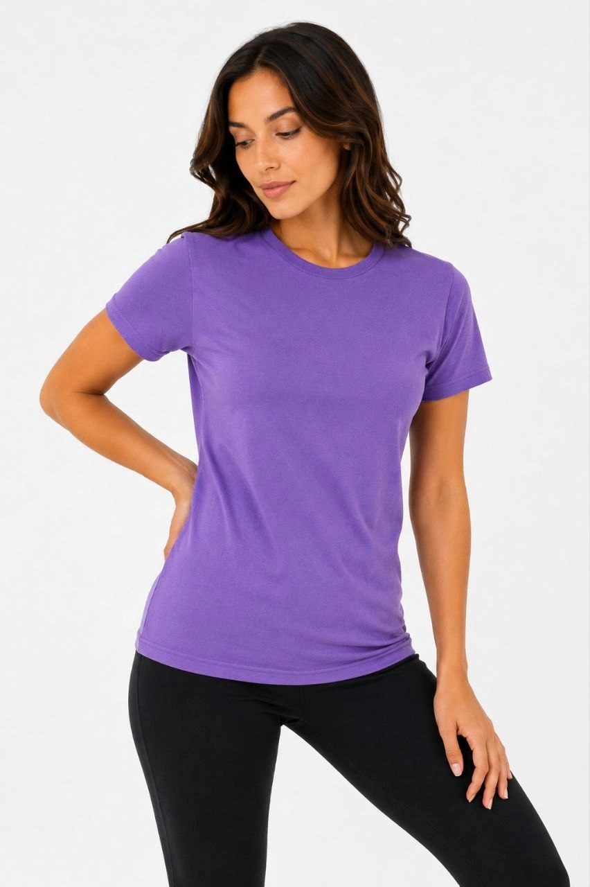 Kadın Basic Tişört Bisiklet Yaka Kısa Kol Günlük Yazlık Slim fit T-Shirt – Mor