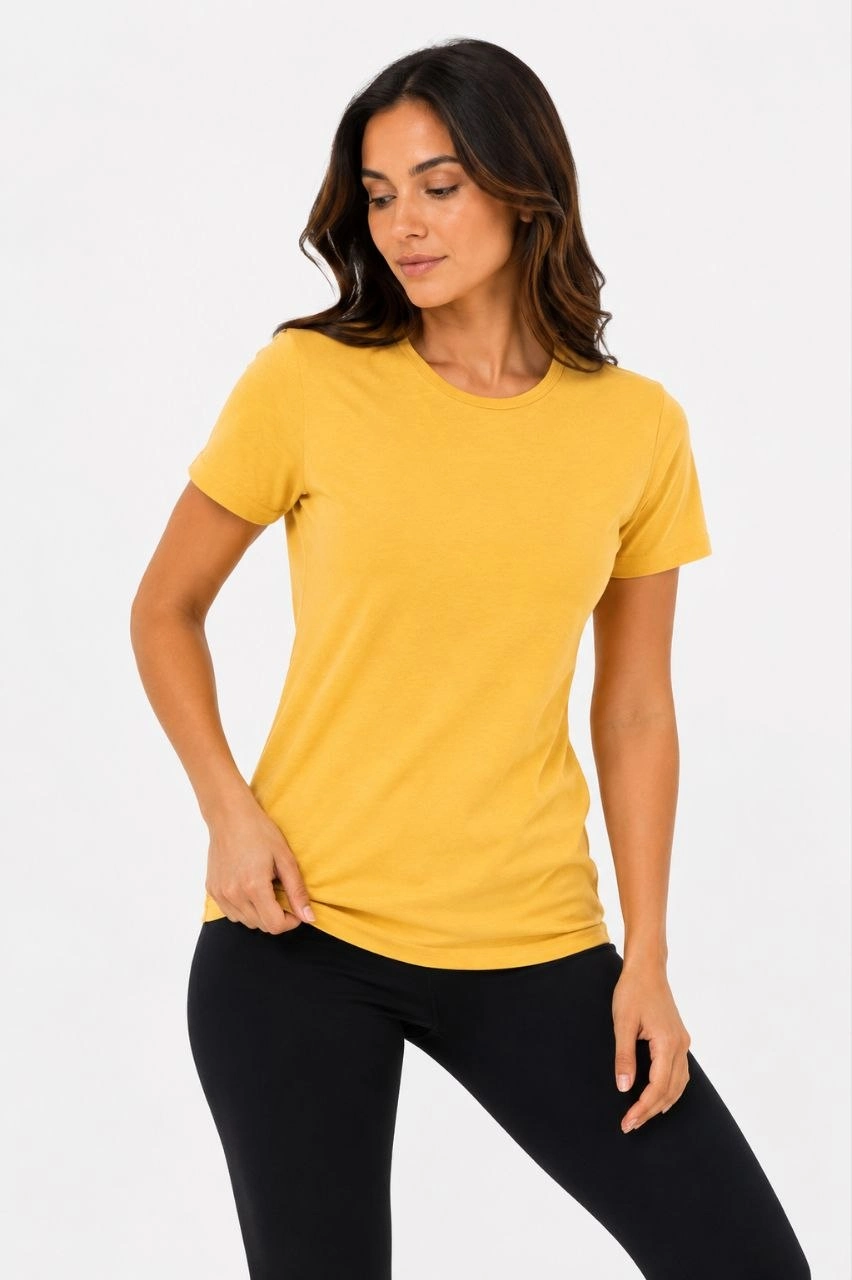 Kadın Basic Tişört Bisiklet Yaka Kısa Kol Günlük Yazlık Slim fit T-Shirt – Sarı
