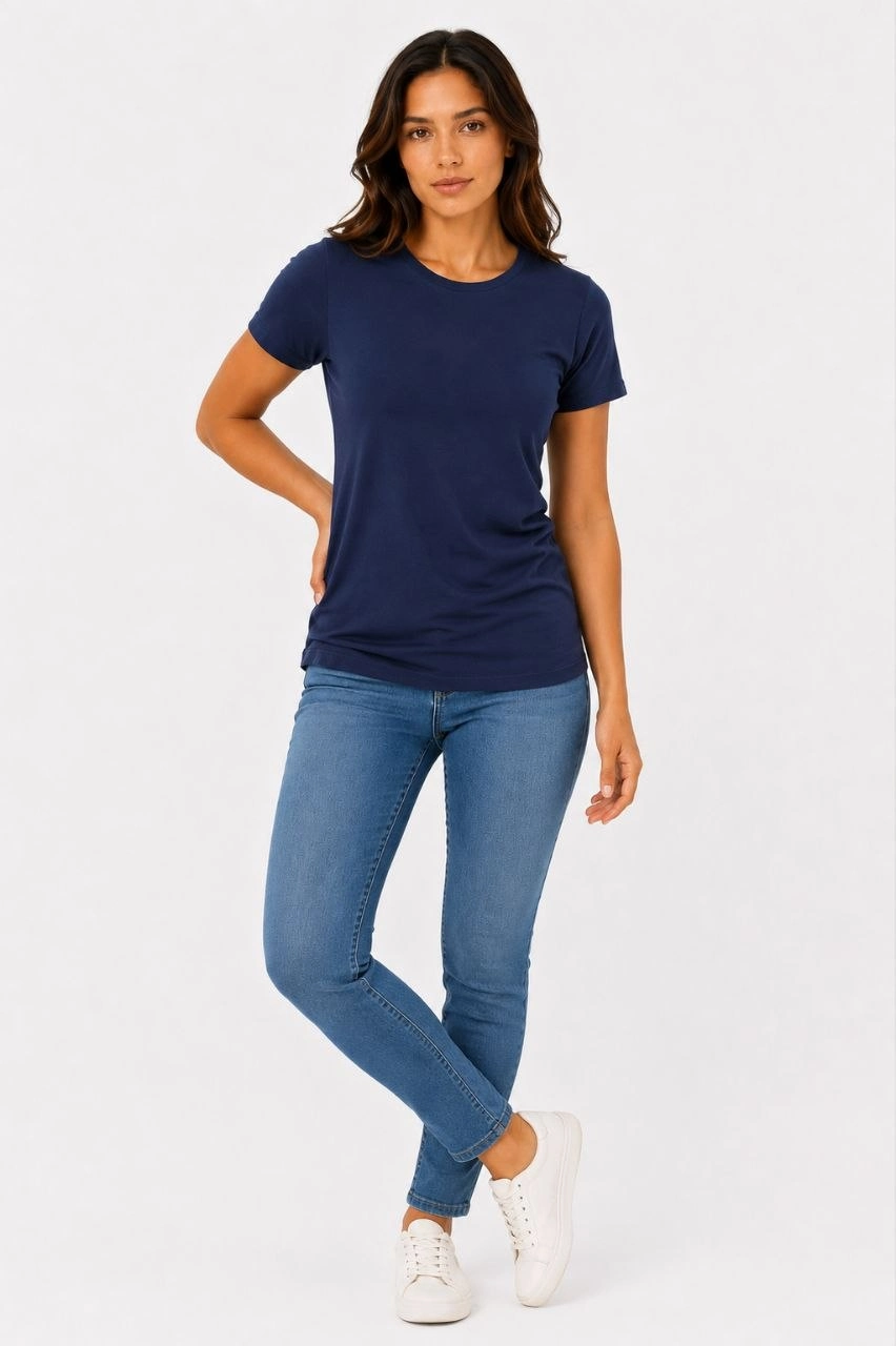 Kadın Basic Tişört Bisiklet Yaka Kısa Kol Günlük Yazlık Slim fit T-Shirt – Lacivert