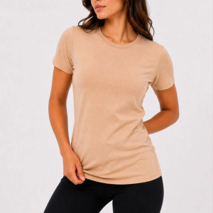 Kadın Basic Tişört Bisiklet Yaka Kısa Kol Günlük Yazlık Slim fit T-Shirt – Bej
