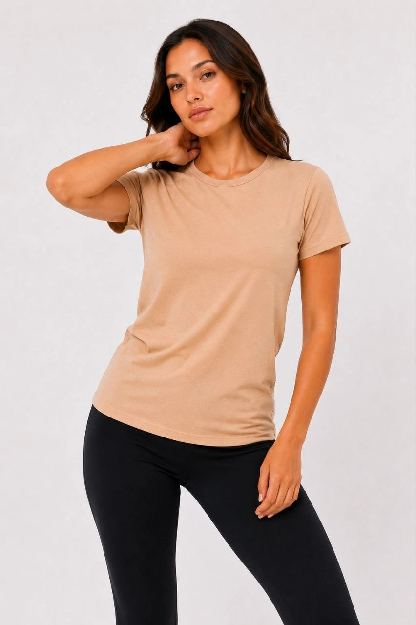 Kadın Basic Tişört Bisiklet Yaka Kısa Kol Günlük Yazlık Slim fit T-Shirt – Bej