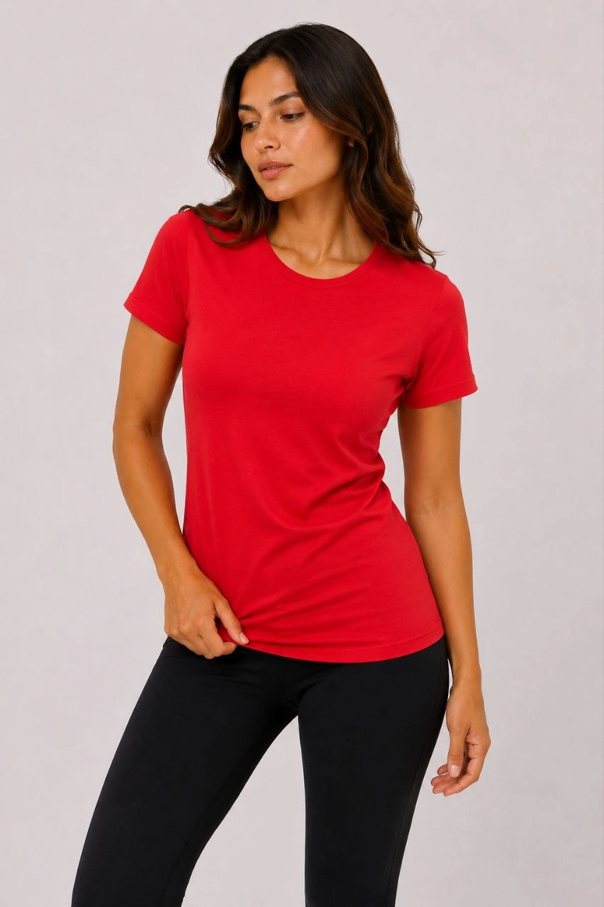 Kadın Basic Tişört Bisiklet Yaka Kısa Kol Günlük Yazlık Slim fit T-Shirt – Kırmızı