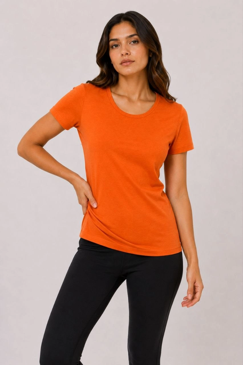 Kadın Basic Tişört Bisiklet Yaka Kısa Kol Günlük Yazlık Slim fit T-Shirt – Turuncu