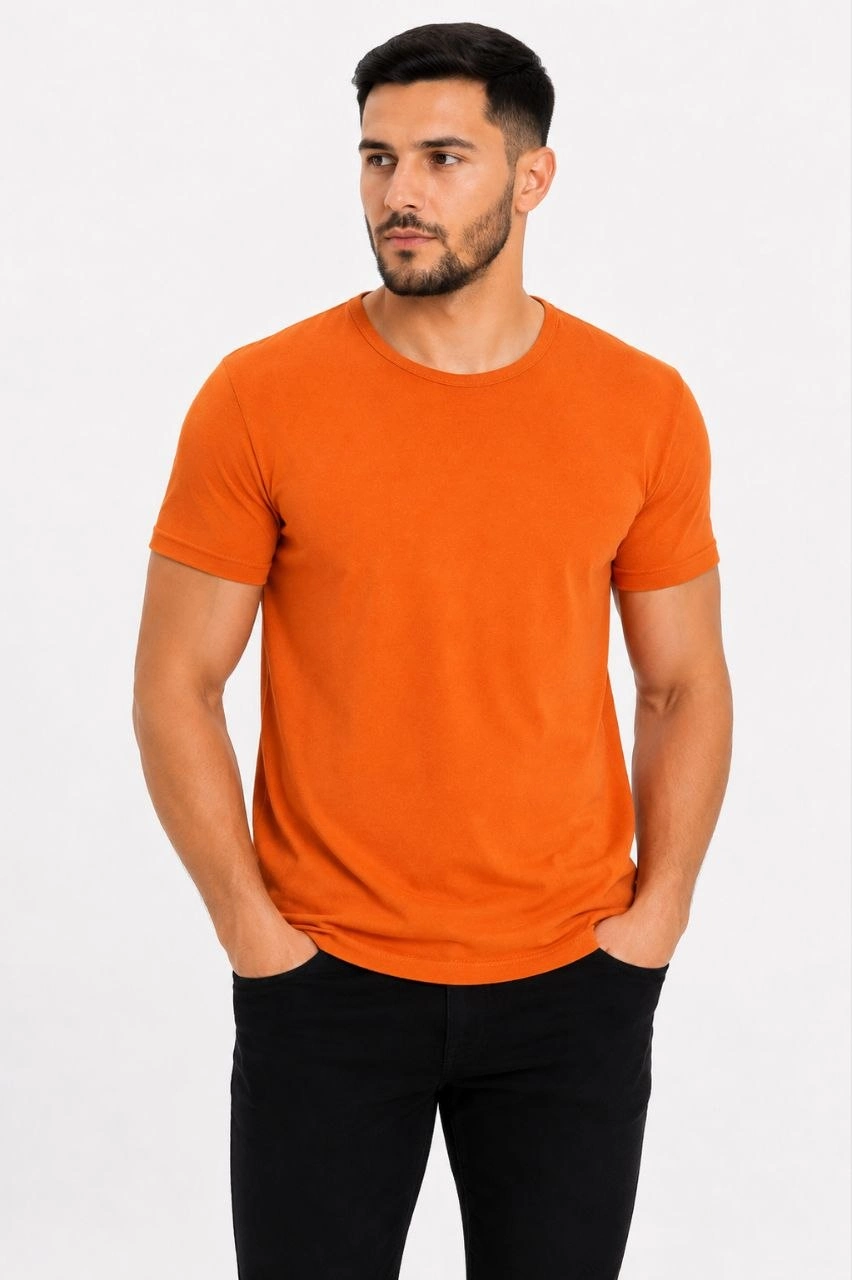 Erkek Basic Tişört Bisiklet Yaka Kısa Kol Günlük Yazlık Slim fit T-Shirt – Turuncu