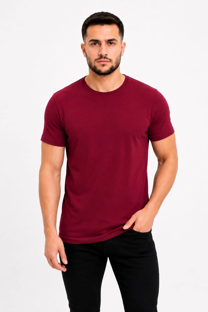 Erkek Basic Tişört Bisiklet Yaka Kısa Kol Günlük Yazlık Slim fit T-Shirt – Bordo