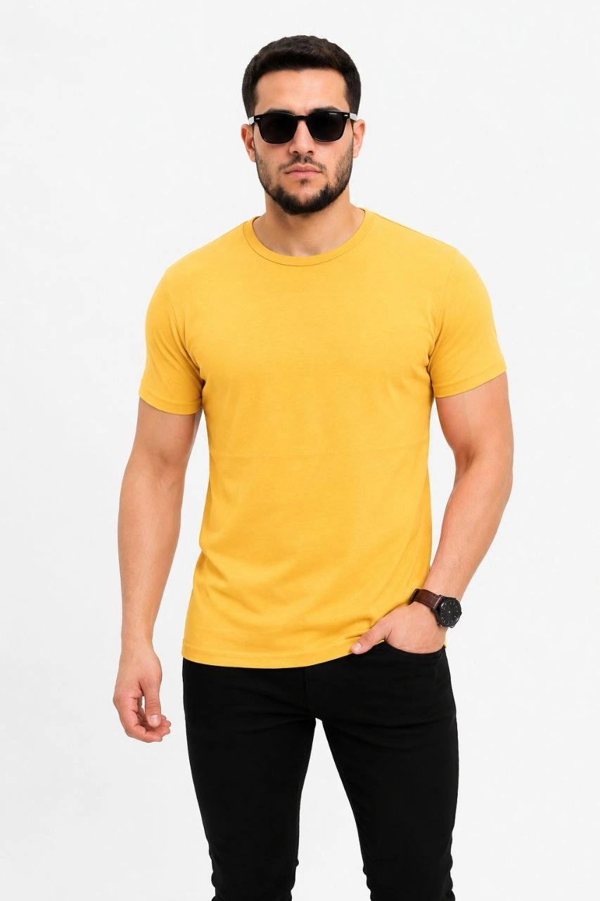 Erkek Basic Tişört Bisiklet Yaka Kısa Kol Günlük Yazlık Slim fit T-Shirt – Sarı