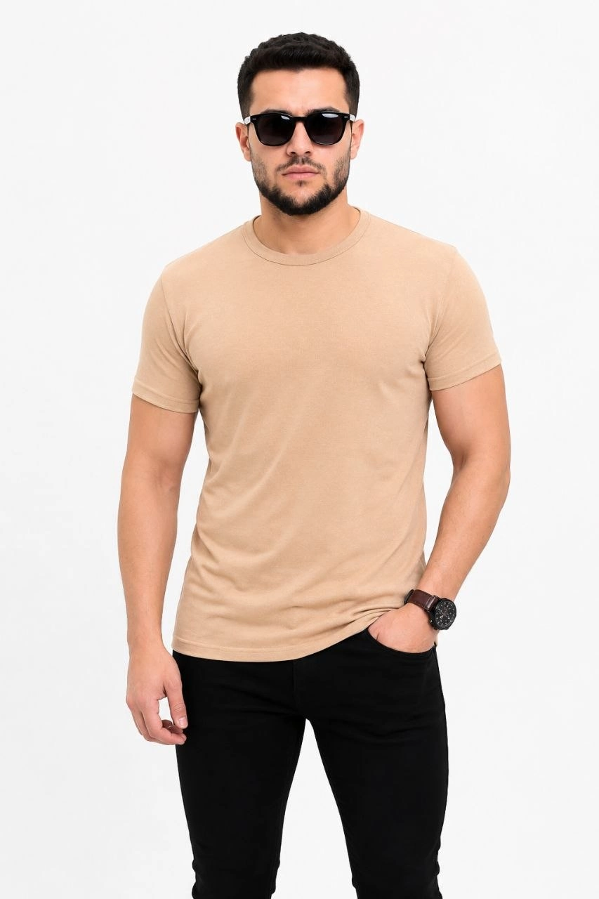 Erkek Basic Tişört Bisiklet Yaka Kısa Kol Günlük Yazlık Slim fit T-Shirt – Bej
