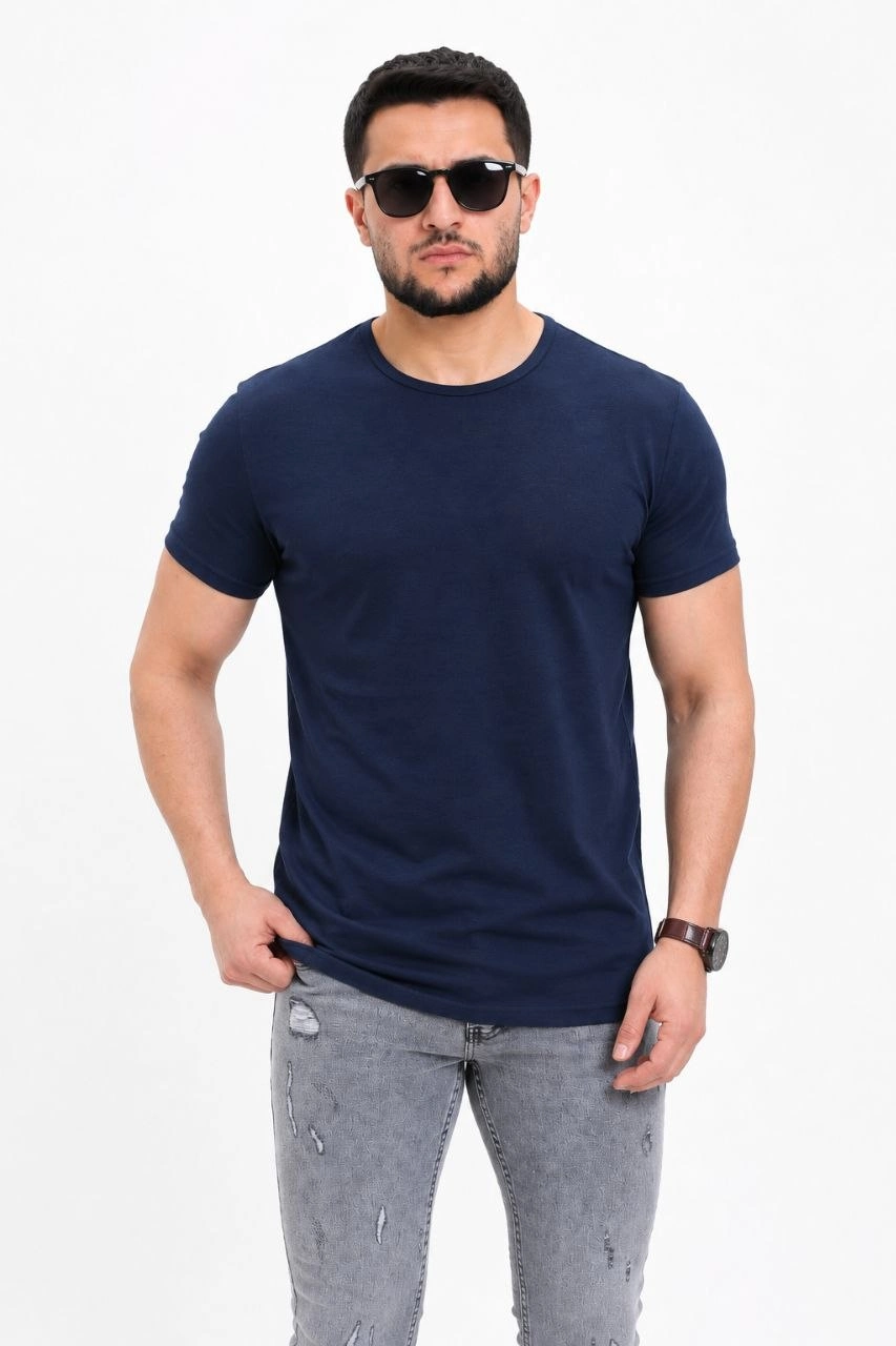 Erkek Basic Tişört Bisiklet Yaka Kısa Kol Günlük Yazlık Slim fit T-Shirt – Lacivert