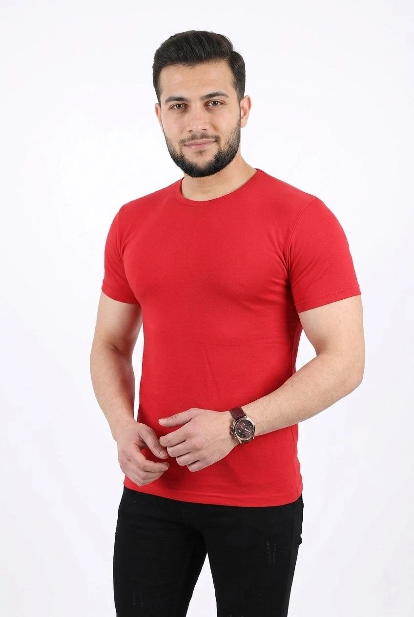 Erkek Basic Tişört Bisiklet Yaka Kısa Kol Günlük Yazlık Slim fit T-Shirt – Kırmızı