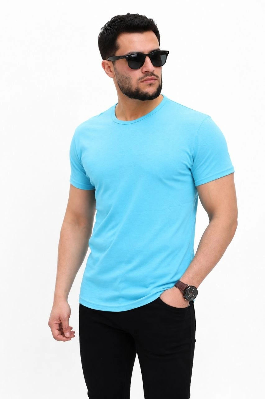 Erkek Basic Tişört Bisiklet Yaka Kısa Kol Günlük Yazlık Slim fit T-Shirt – Açık Mavi