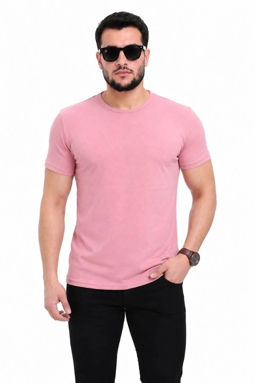 Erkek Basic Tişört Bisiklet Yaka Kısa Kol Günlük Yazlık Slim fit T-Shirt – Pembe