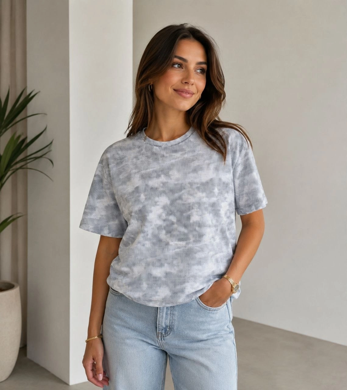 Kadın Batik Desenli Tişört Bisiklet Yaka Kısa Kol Regular Fit T-shirt – Gri