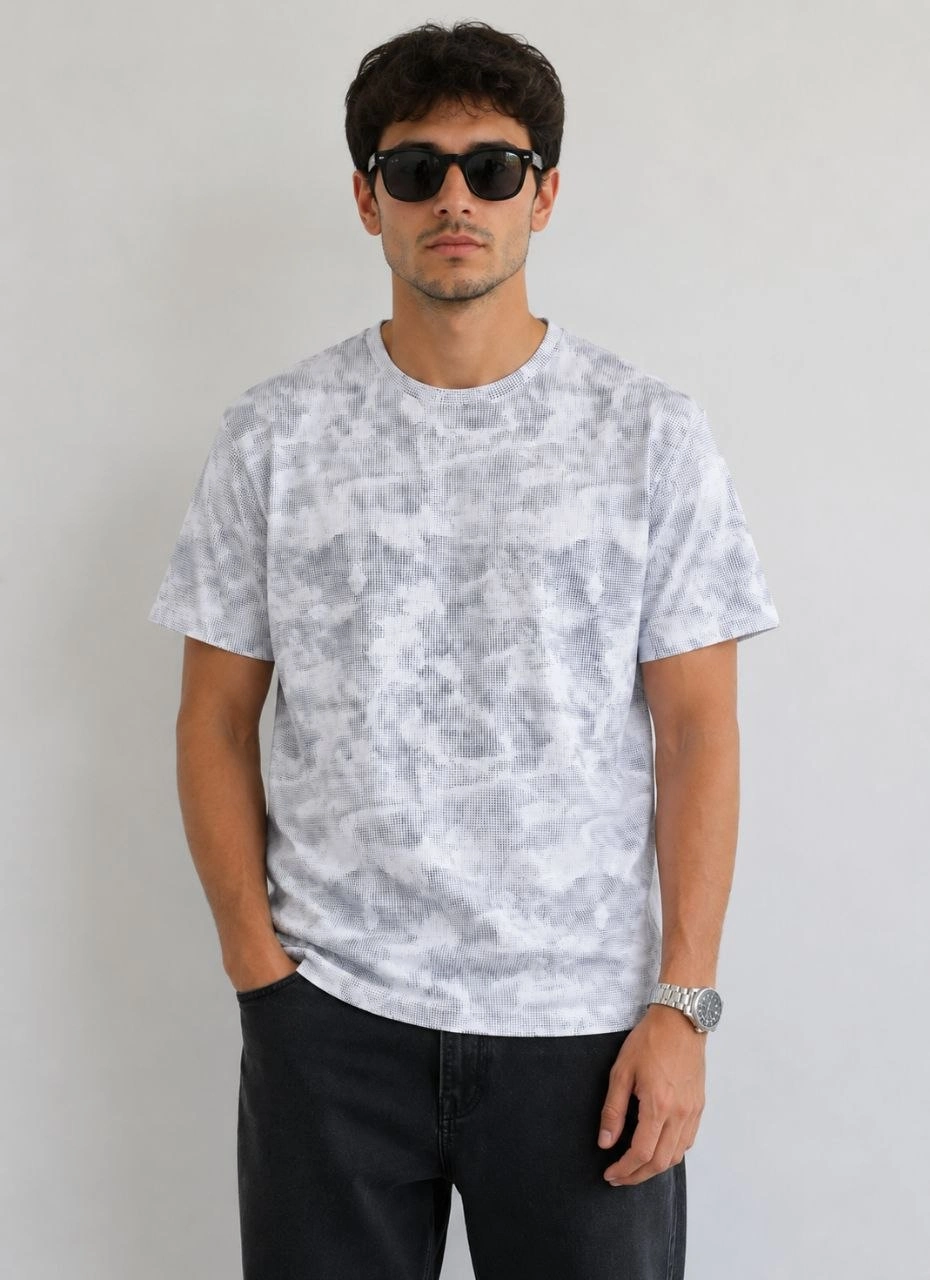 Erkek Batik Desenli Tişört Bisiklet Yaka Kısa Kol Regular Fit T-shirt – Gri