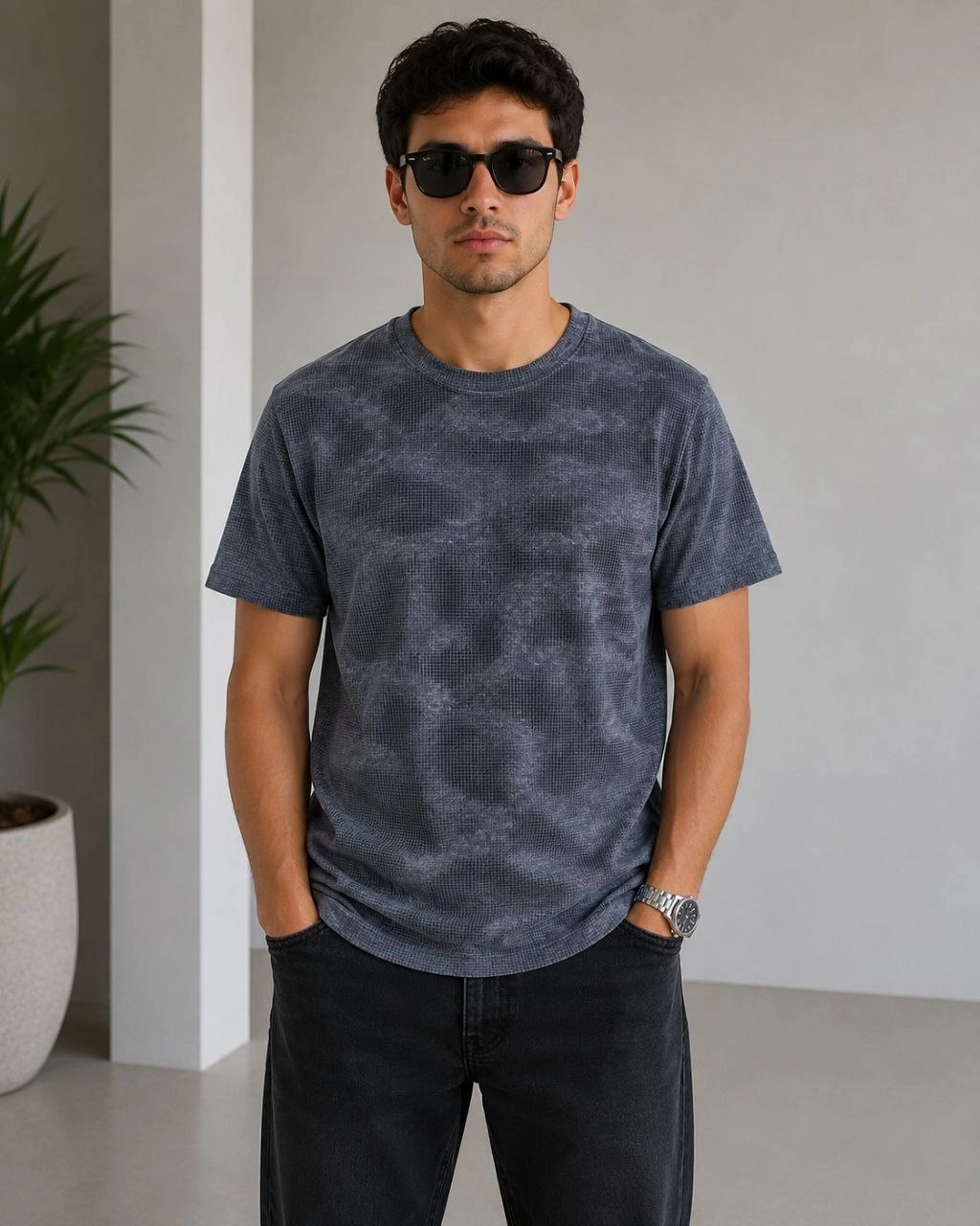 Erkek Batik Desenli Tişört Bisiklet Yaka Kısa Kol Regular Fit T-shirt – Füme