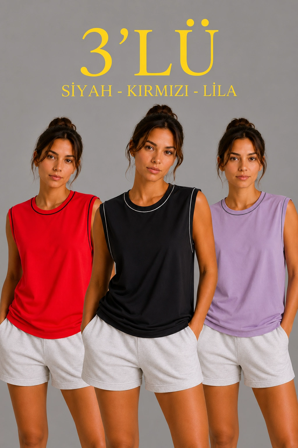 Kadın 3’lü Kolsuz Sporcu Atlet Seti Yazlık Bisiklet Yaka – Siyah, Kırmızı, Lila