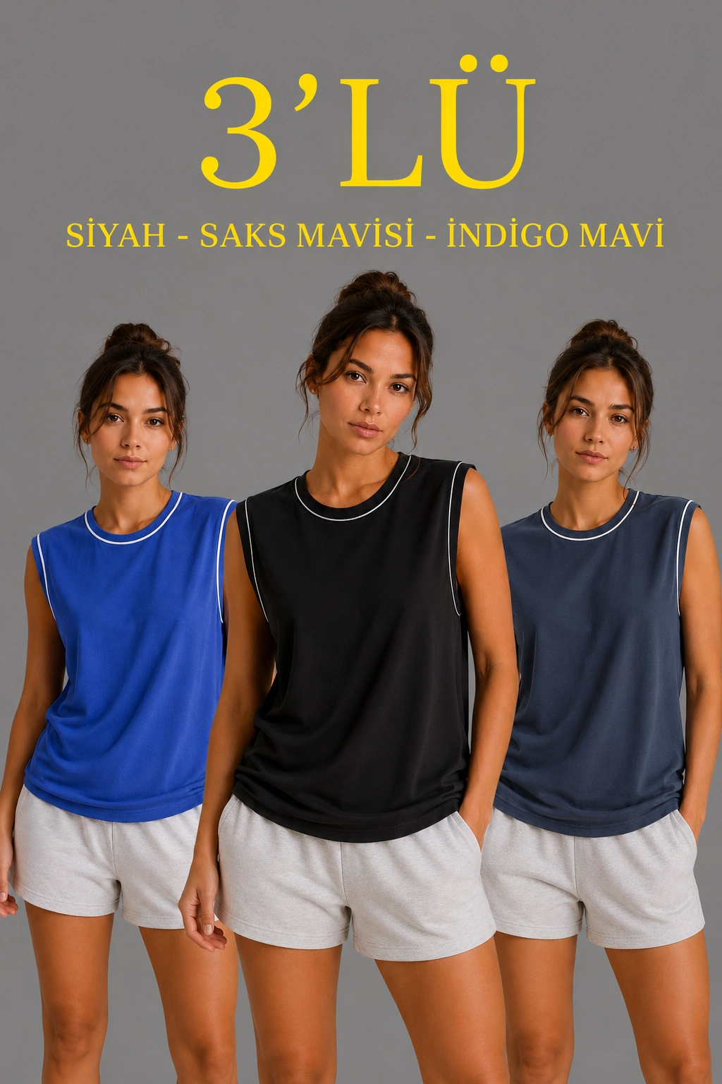 Kadın 3’lü Kolsuz Sporcu Atlet Seti Yazlık Bisiklet Yaka – Siyah, Saks Mavisi, İndigo
