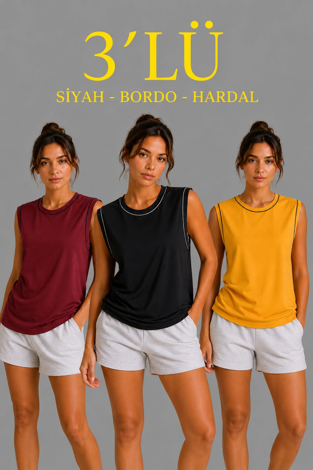 Kadın 3’lü Kolsuz Sporcu Atlet Seti Yazlık Bisiklet Yaka – Siyah, Bordo, Hardal