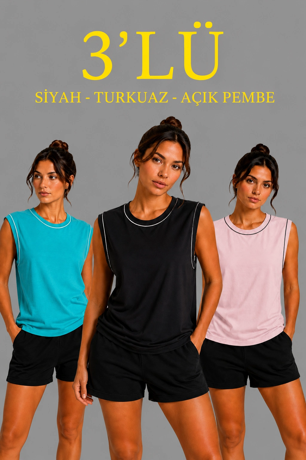 Kadın 3’lü Kolsuz Sporcu Atlet Seti Yazlık Bisiklet Yaka – Siyah, Turkuaz, Pembe