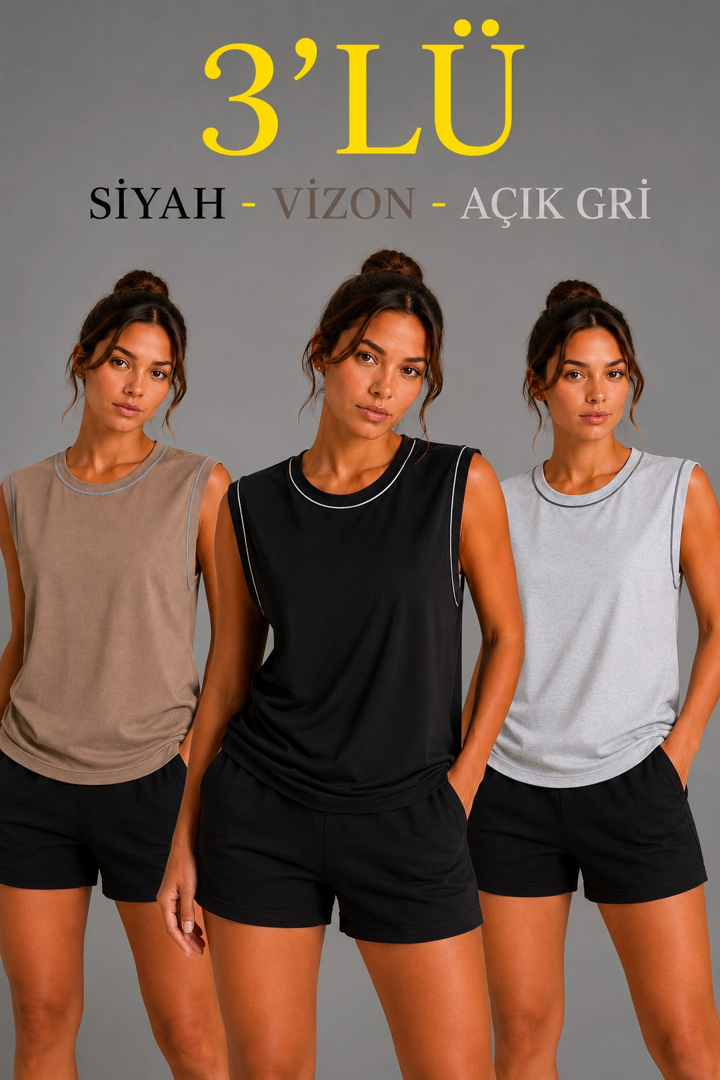 Kadın 3’lü Kolsuz Sporcu Atlet Seti Yazlık Bisiklet Yaka – Siyah, Kahverengi, Gri