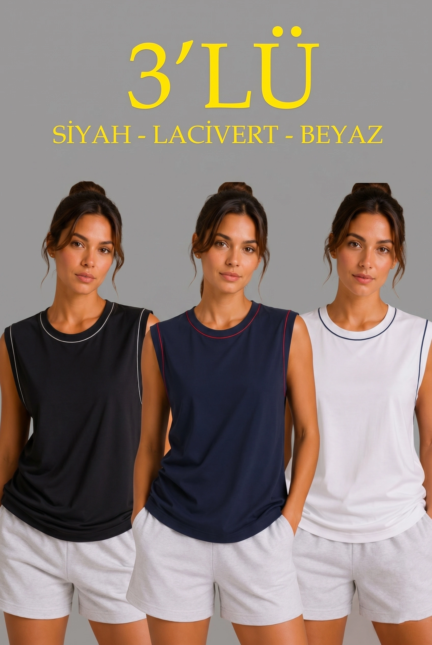 Kadın 3’lü Kolsuz Sporcu Atlet Seti Yazlık Bisiklet Yaka – Siyah, Lacivert, Beyaz