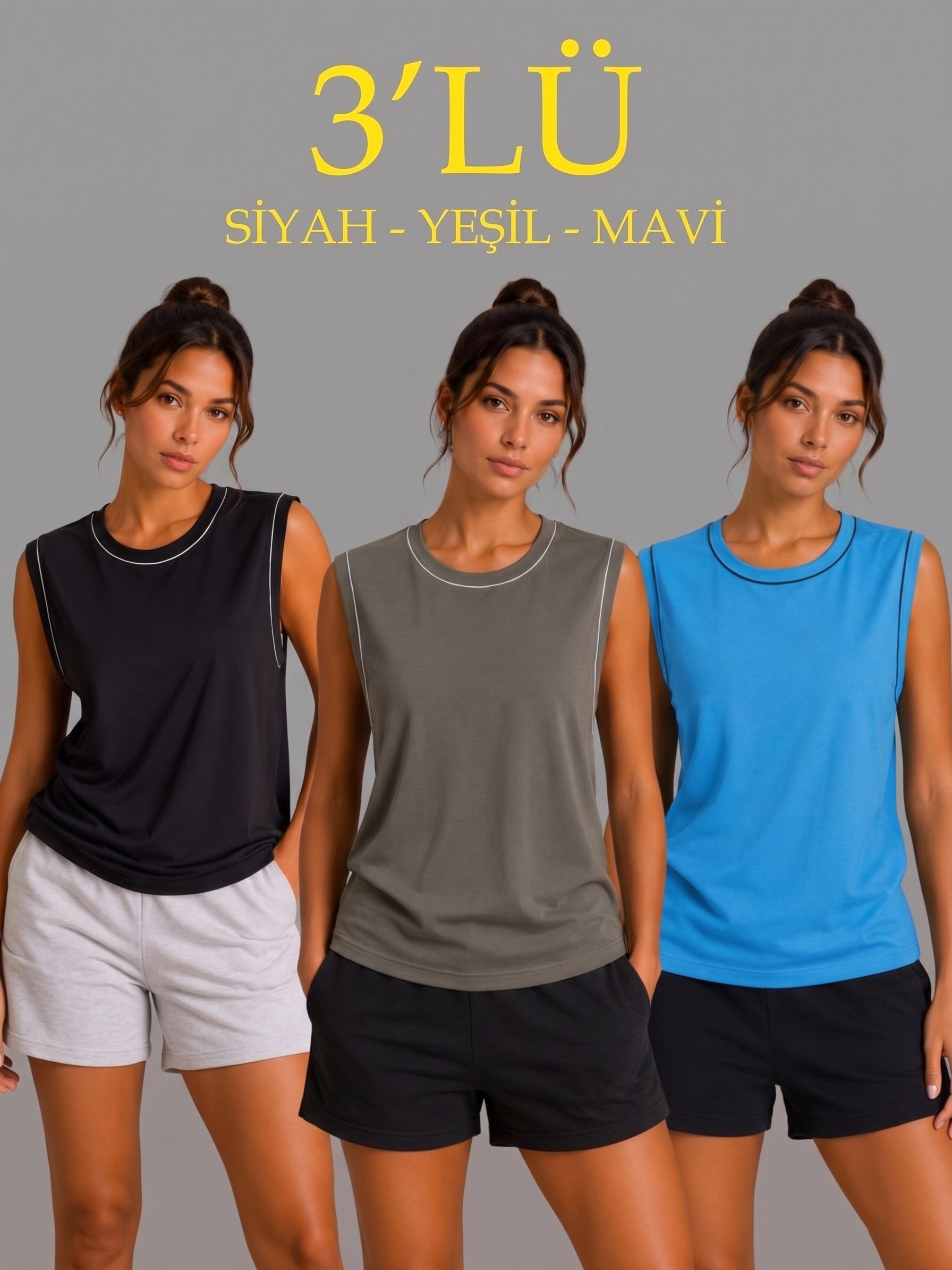 Kadın 3’lü Kolsuz Sporcu Atlet Seti Yazlık Bisiklet Yaka – Siyah, Haki, Mavi