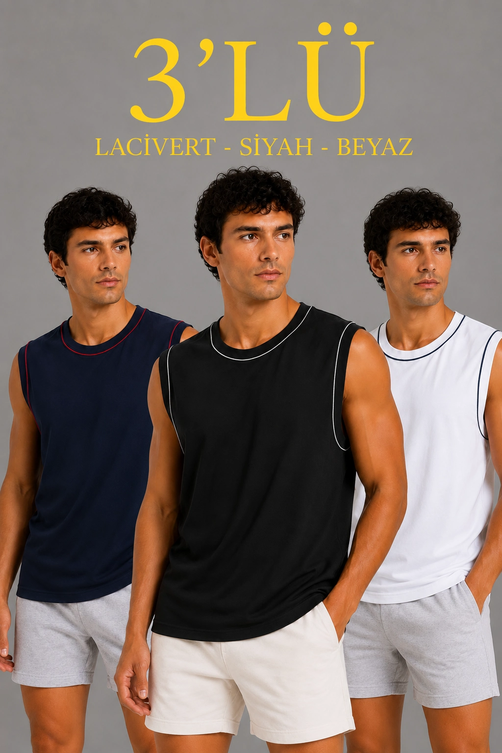 Erkek 3’lü Kolsuz Sporcu Atlet Seti Yazlık Bisiklet Yaka – Siyah, Lacivert, Beyaz