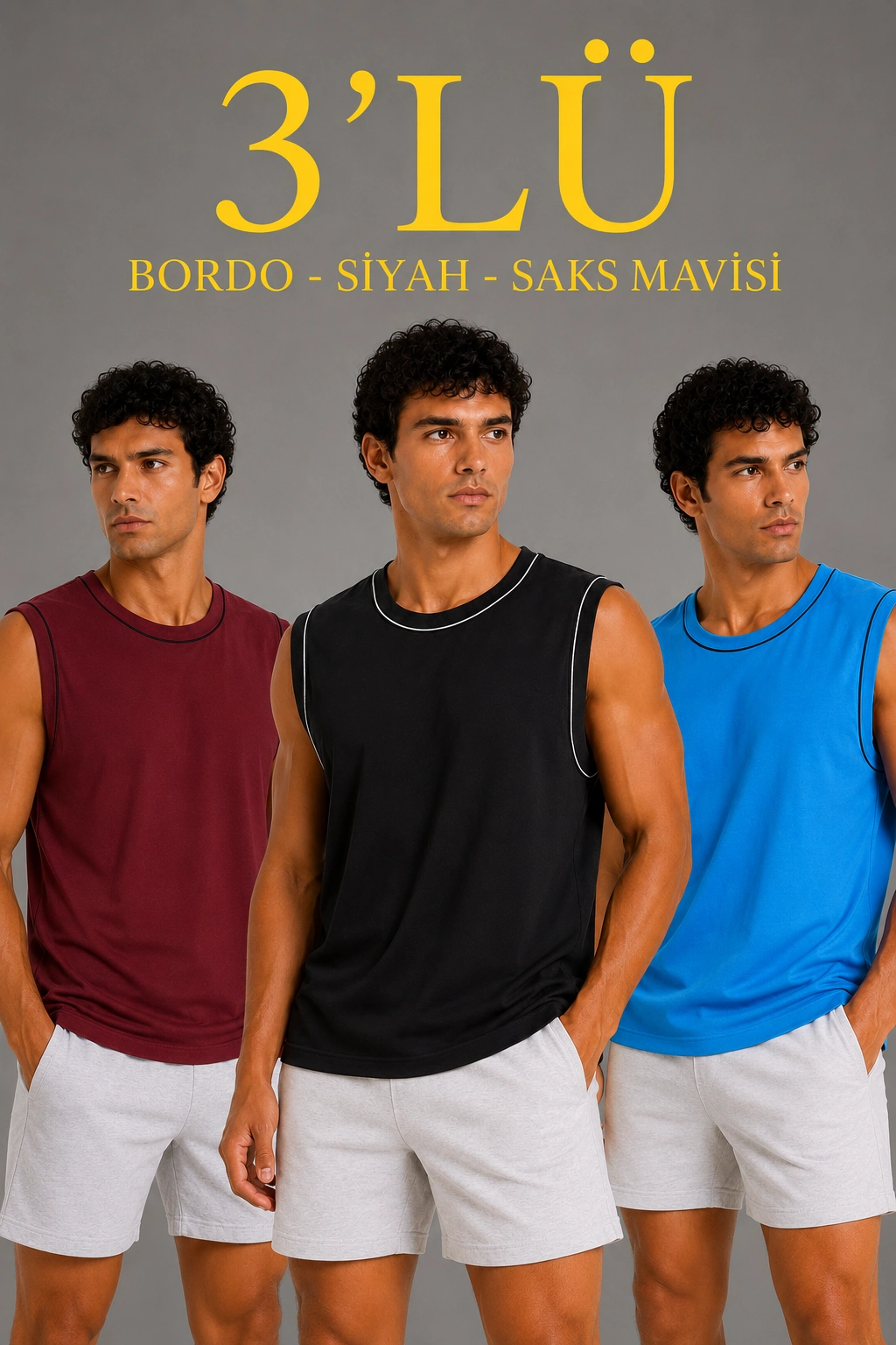 Erkek 3’lü Kolsuz Sporcu Atlet Seti Yazlık Bisiklet Yaka – Siyah, Bordo, Turkuaz