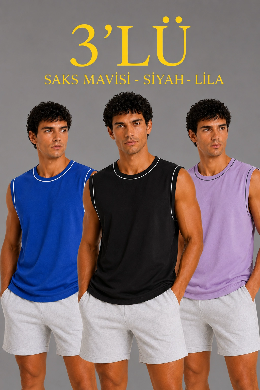 Erkek 3’lü Kolsuz Sporcu Atlet Seti Yazlık Bisiklet Yaka – Siyah, Lila, Saks Mavisi