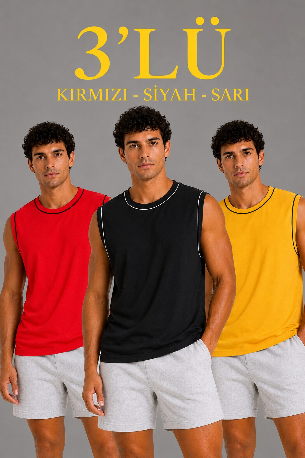Erkek 3’lü Kolsuz Sporcu Atlet Seti Yazlık Bisiklet Yaka – Siyah, Kırmızı, Sarı