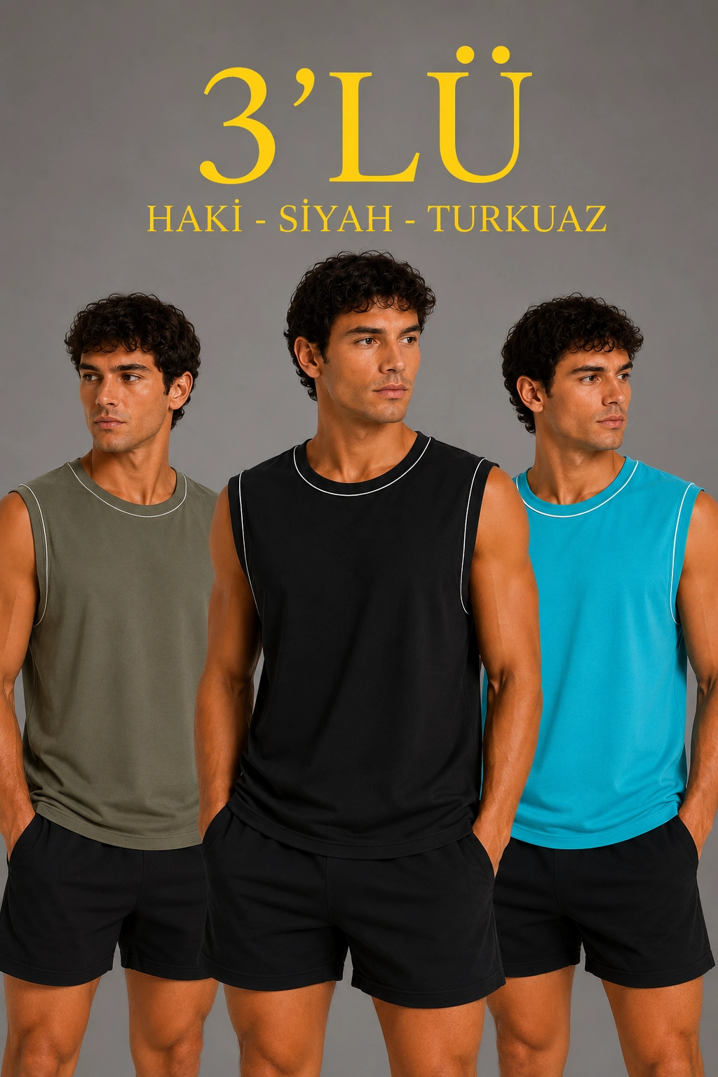 Erkek 3’lü Kolsuz Sporcu Atlet Seti Yazlık Bisiklet Yaka – Siyah, Haki, Açık Mavi