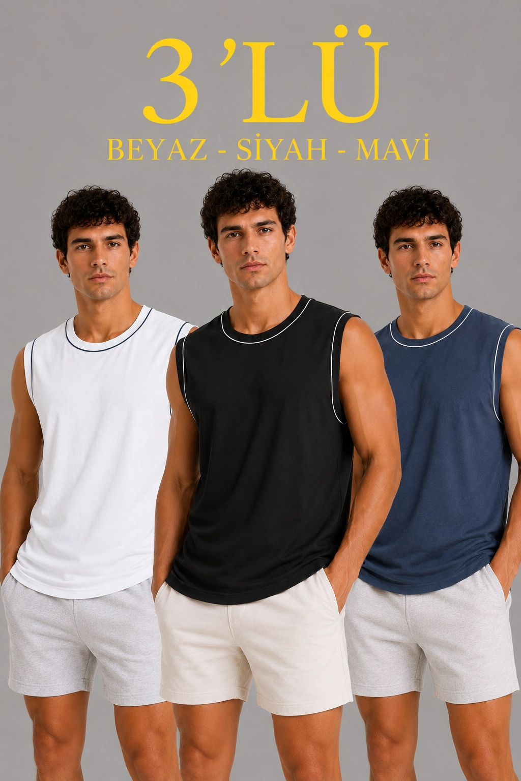 Erkek 3’lü Kolsuz Sporcu Atlet Seti Yazlık Bisiklet Yaka – Siyah, Beyaz, İndigo