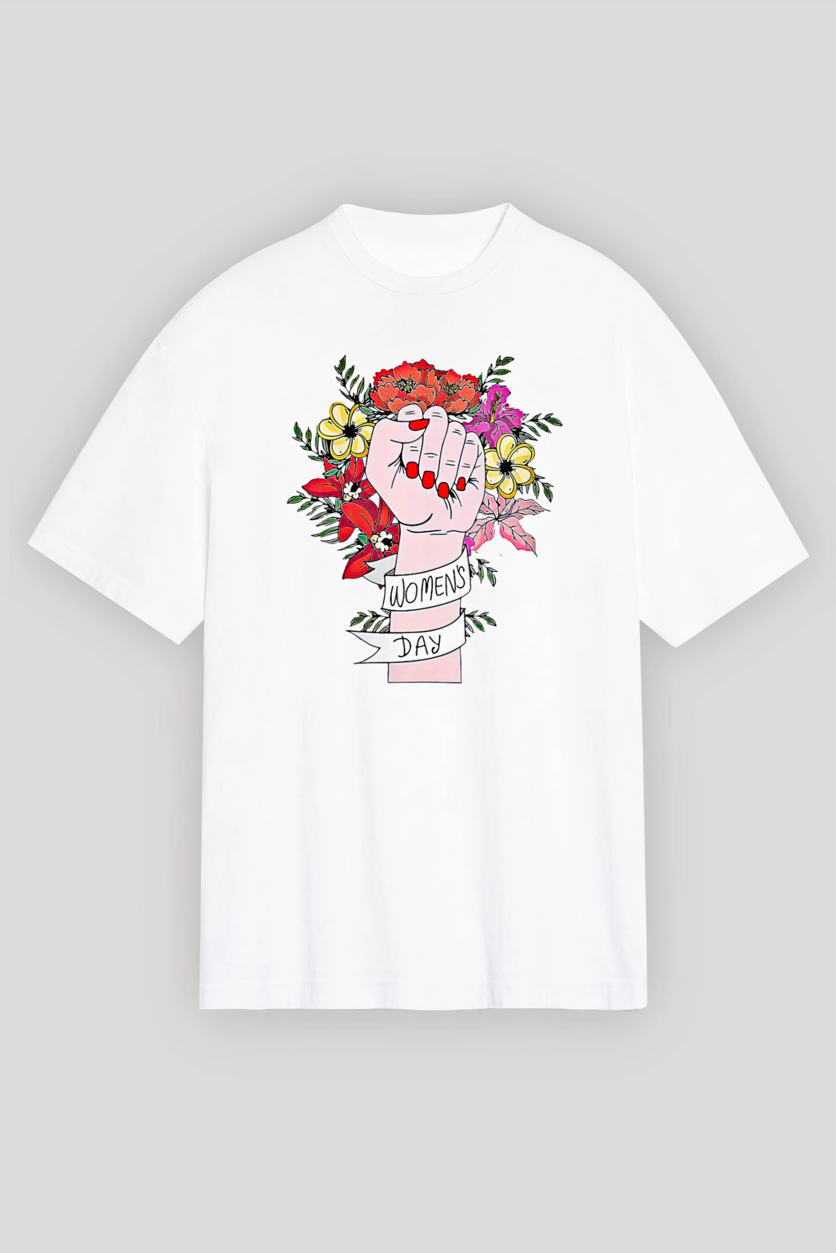 8 Mart Dünya Kadınlar Günü Baskılı Oversize Bisiklet Yaka T-shirt – Beyaz