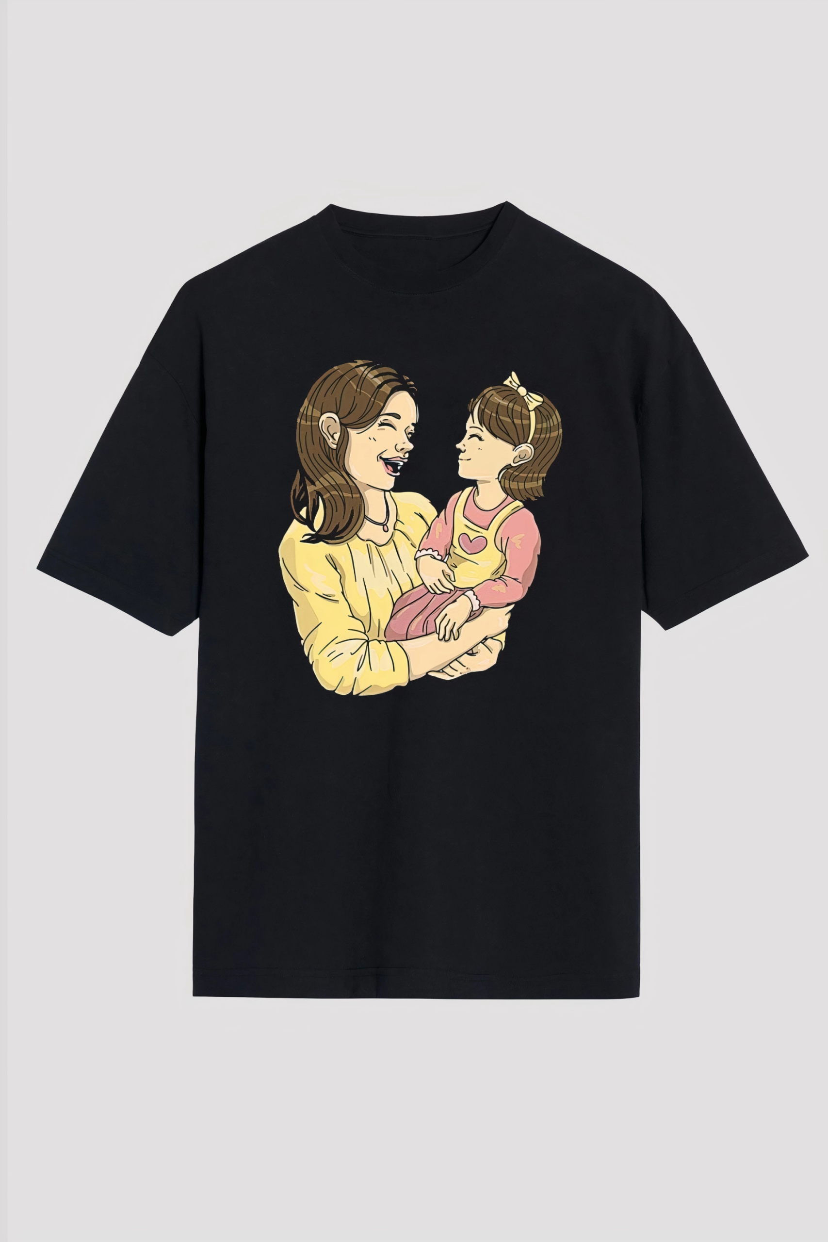 Anneler Günü Hediye Anne Kız Temalı Baskılı Oversize Bisiklet Yaka T-shirt – Siyah