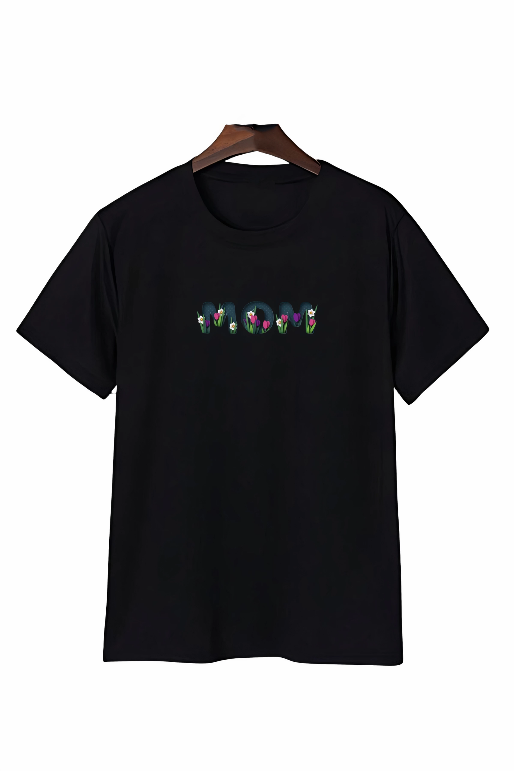 Anneler Günü Mom Çiçek Temalı Baskılı Oversize Bisiklet Yaka T-shirt – Siyah