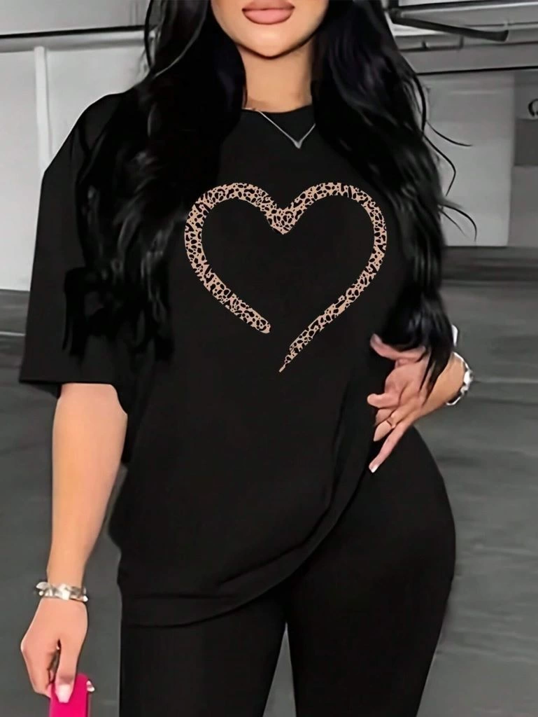 Kadın Kalp Baskılı T-Shirt Kısa Kol Bisiklet Yaka Oversize Tişört – Siyah