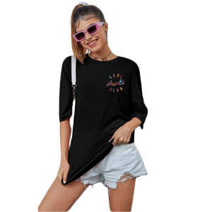 Kadın Baskılı T-Shirt Kısa Kol Bisiklet Yaka Oversize Rahat Kalıp Tişört – Siyah