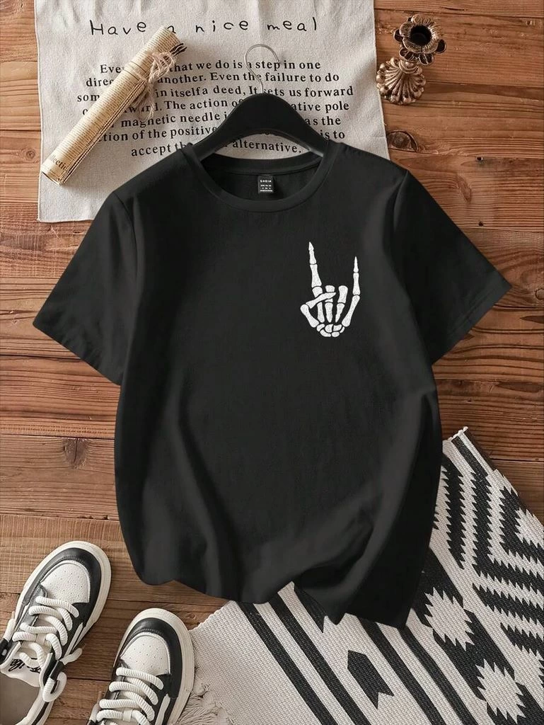 Kadın Baskılı T-Shirt Kısa Kol Bisiklet Yaka Oversize Rahat Kalıp Tişört – Siyah