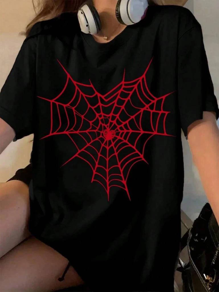 Kadın Örümcek Ağ Baskılı T-Shirt Kısa Kol Bisiklet Yaka Oversize Tişört – Siyah