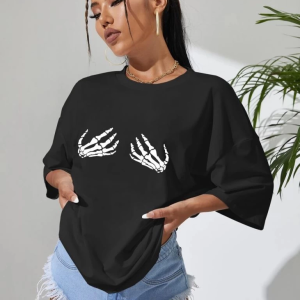 Kadın Baskılı T-Shirt Kısa Kol Bisiklet Yaka Oversize Rahat Kalıp Tişört – Siyah