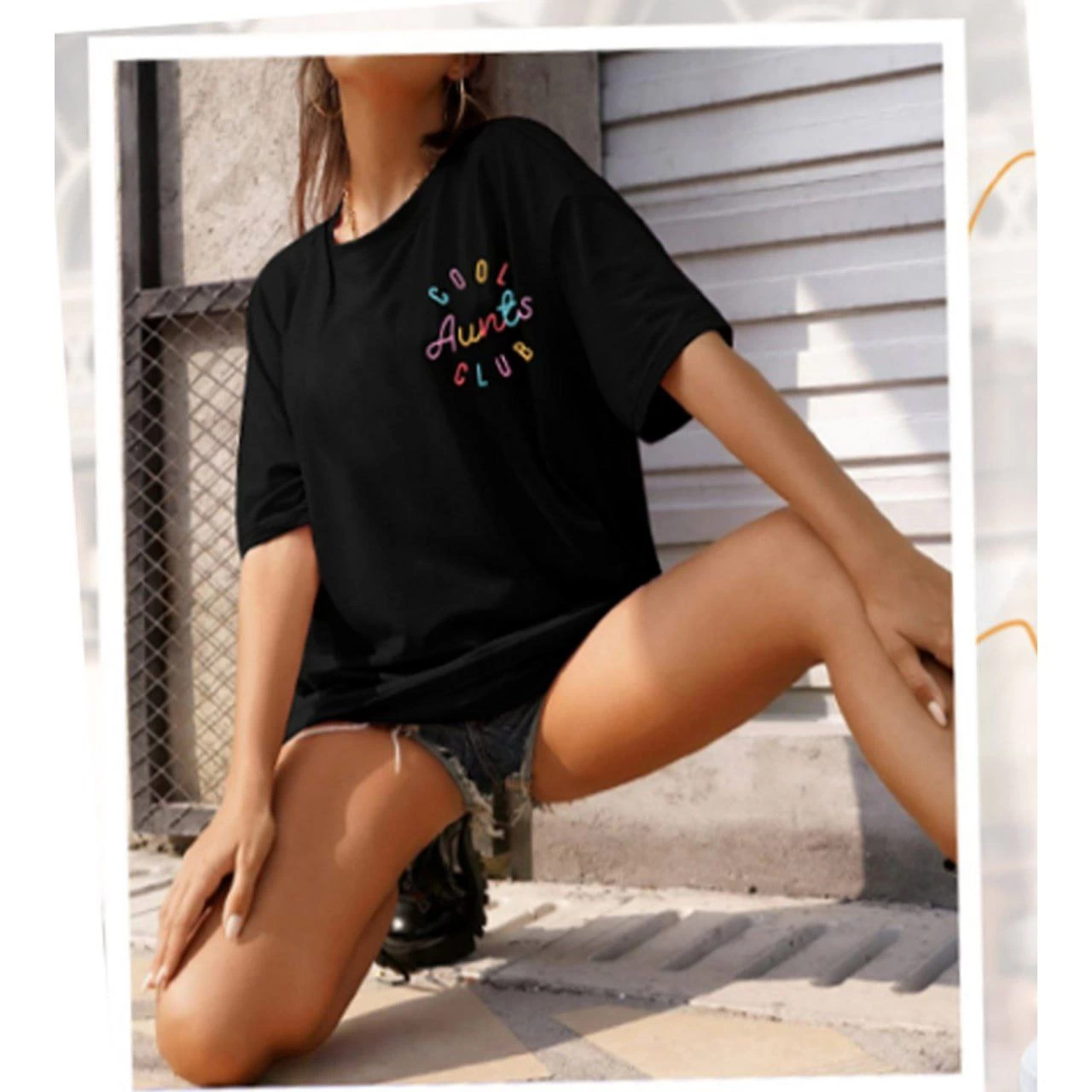 Kadın Baskılı T-Shirt Kısa Kol Bisiklet Yaka Oversize Rahat Kalıp Tişört – Siyah