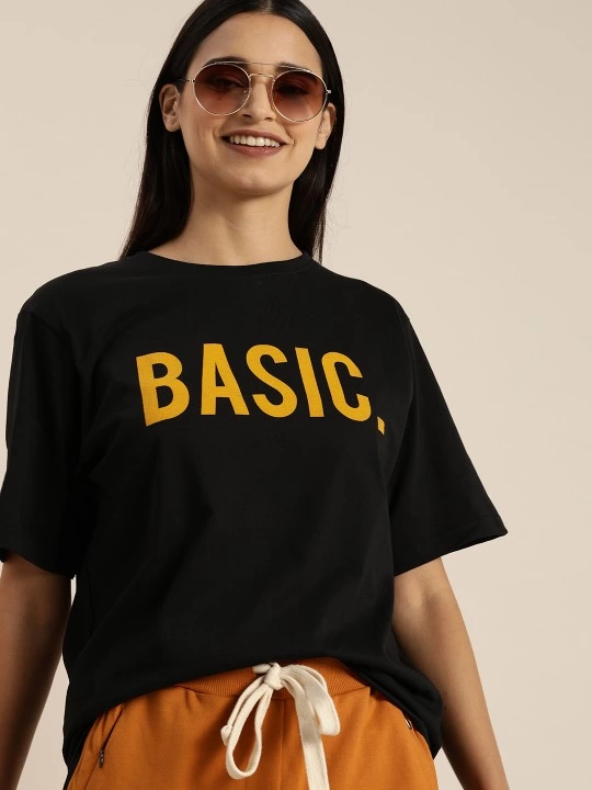 Kadın Kısa Kol Yazlık Tişört Bisiklet Yaka BASIC Baskılı T-Shirt – Siyah