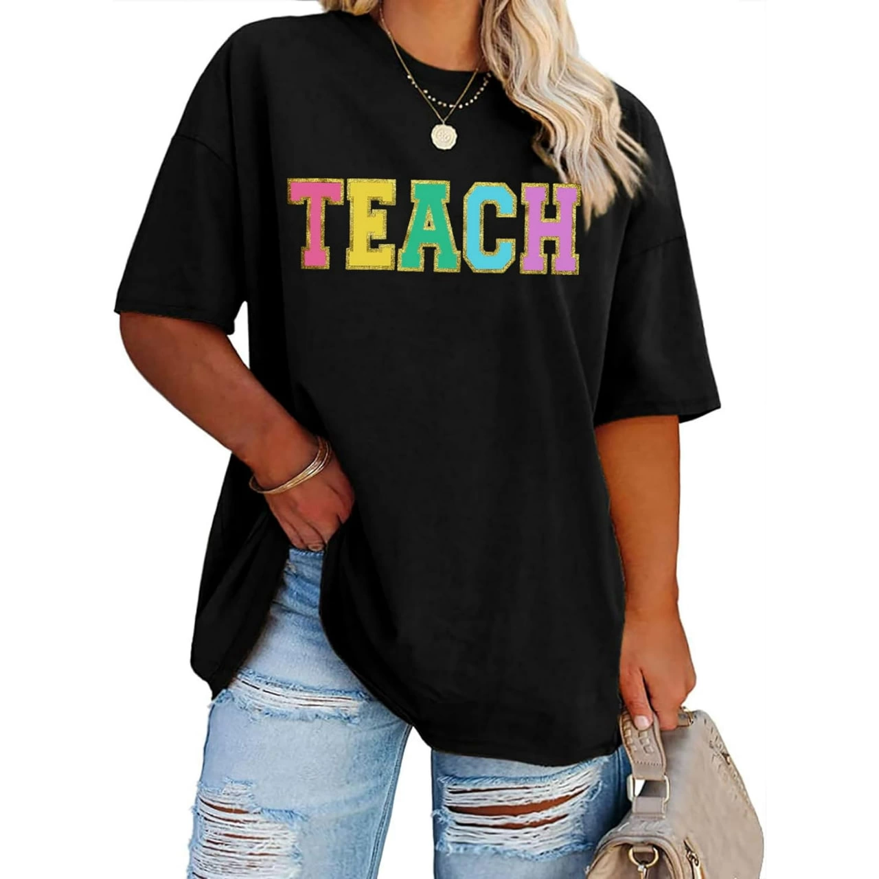 Kadın Baskılı T-Shirt Kısa Kol Bisiklet Yaka Oversize Rahat Kalıp Tişört – Siyah